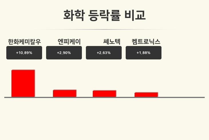 [화학업종 오전 시황] 한화케미칼우 +10.89%·엔피케이 +2.90%·쎄노텍 +2.63% 순