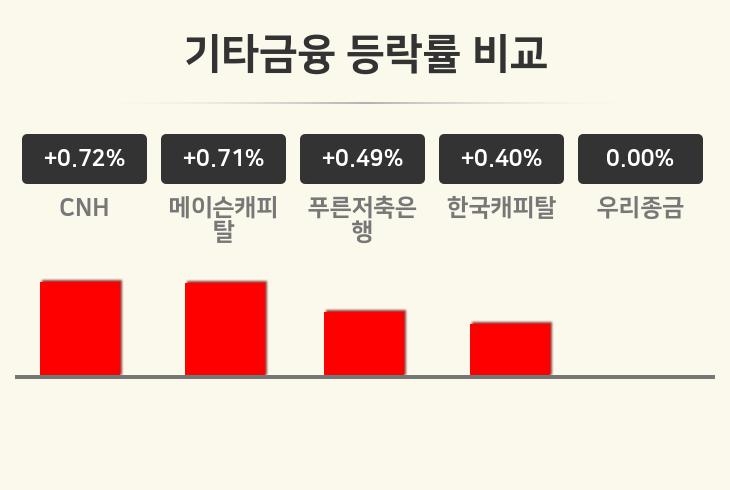 [기타금융업종 오전 시황] CNH +0.72%·메이슨캐피탈 +0.71%·푸른저축은행 +0.49% 순