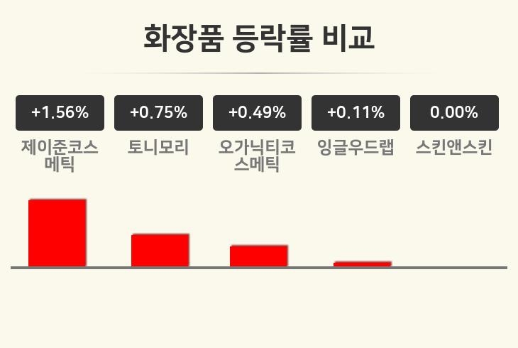[화장품업 오전 시황] 제이준코스메틱 +1.56%·토니모리 +0.75%·오가닉티코스메틱 +0.49% 등