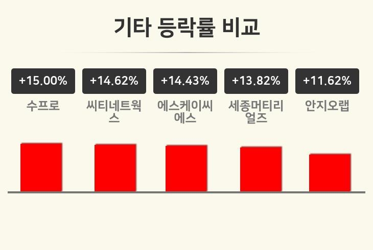 [기타업 마감 시황] 수프로 +15.00%·씨티네트웍스 +14.62%·에스케이씨에스 +14.43% 등