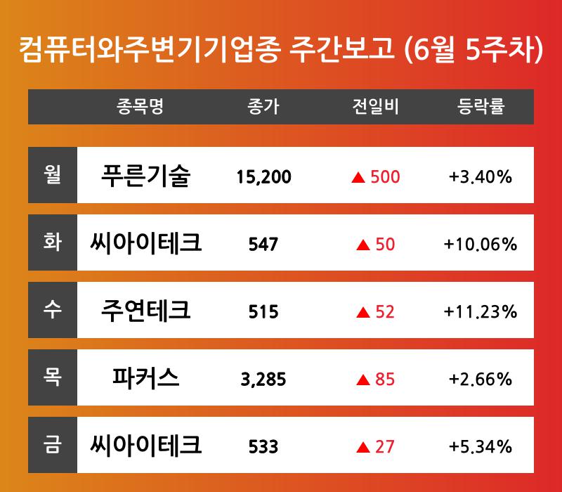 [6월 5주차 컴퓨터와주변기기 업종 리포트] 푸른기술, 씨아이테크, 주연테크, 파커스 등 견인 