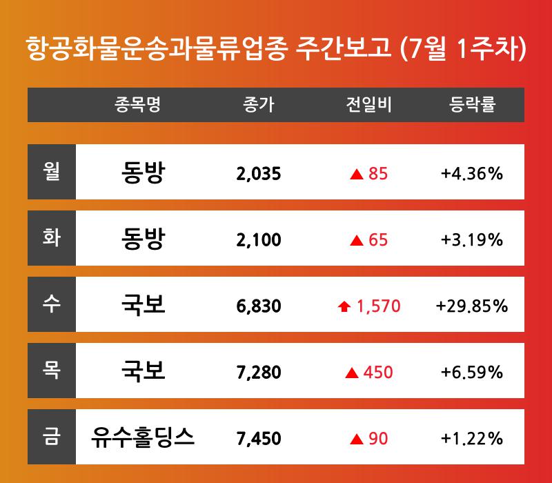 [7월 1주차 항공화물운송과물류 업종 리포트] 동방, 국보, 유수홀딩스 등 견인 