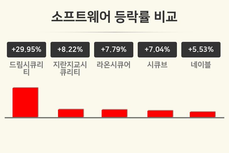 [소프트웨어업종 오전 시황] 드림시큐리티 +29.95%·지란지교시큐리티 +8.22%·라온시큐어 +7.79% 순