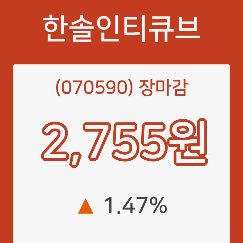 한솔인티큐브 장종가 2,755원으로 장 종료