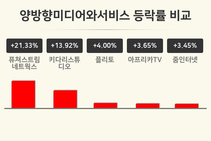 [양방향미디어와서비스업종 마감 시황] 퓨쳐스트림네트웍스 +21.33%·키다리스튜디오 +13.92%·플리토 +4.00% 순