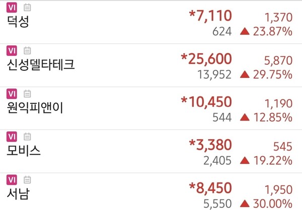 초전도체 관련주 일괄 VI 발동…덕성·신성델타테크·원익피앤이·모비스·서남