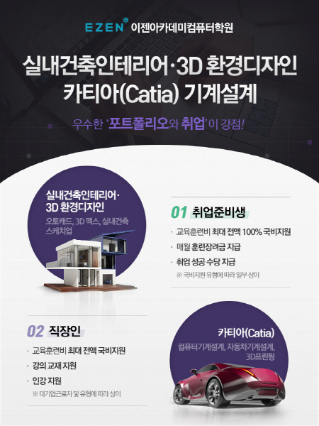 이젠아카데미컴퓨터학원, 캐드 맥스 스케치업 실내건축인테리어(환경디자인), 카티아(Catia)기계설계 국비지원무료교육 개강