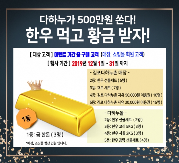 김포다하누촌, 12월 한 달간 금 한돈 증정 다하누 황금이벤트 진행