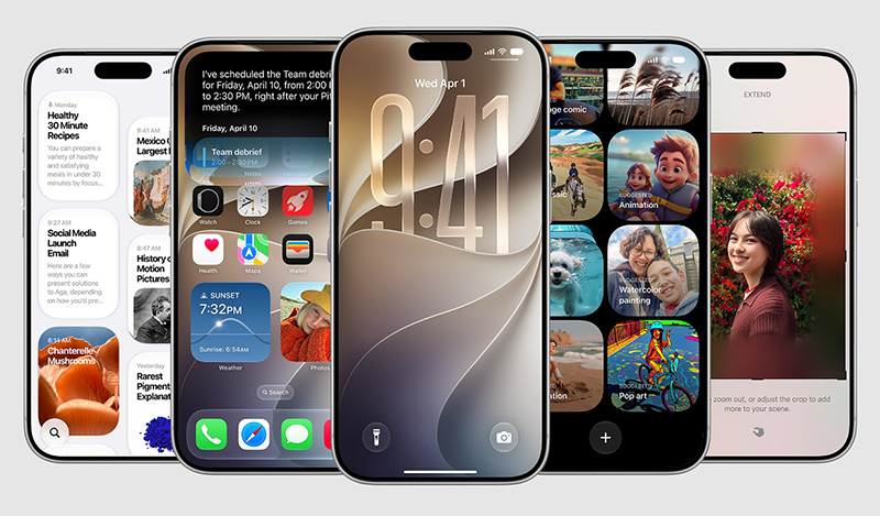 iOS 27 다양한 화면 기능을 보여주는 아이폰 여러 대, 애플 공식 프로모션 이미지