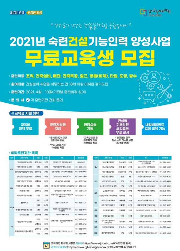 경기도, 2021년도 숙련 건설기능인력 양성사업 추진