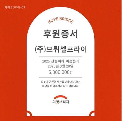 브뤼셀프라이, 산불 피해 복구 위해 희망브리지에 500만원 기부