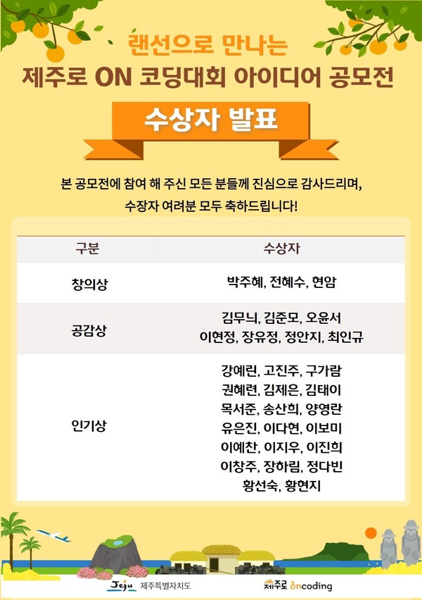 제주도청, 제주로온코딩 랜선으로 만나는 제주로 ON 코딩대회 아이디어 공모전 시상식 개최