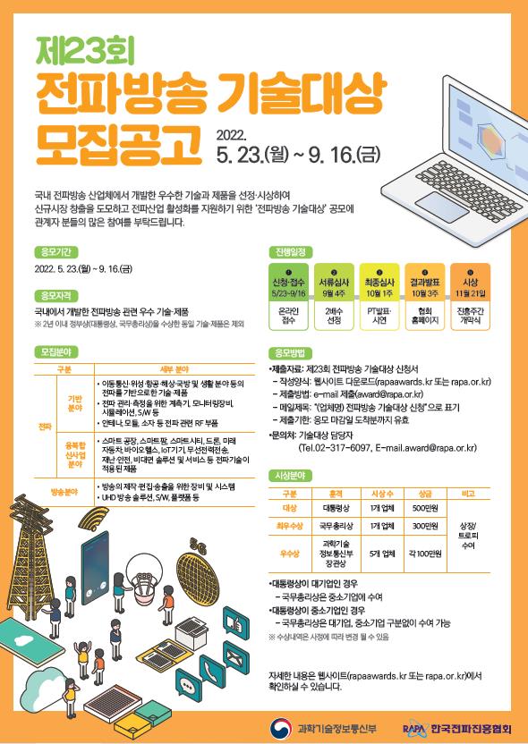 한국전파진흥협회, 제23회 전파방송기술대상 공모 실시