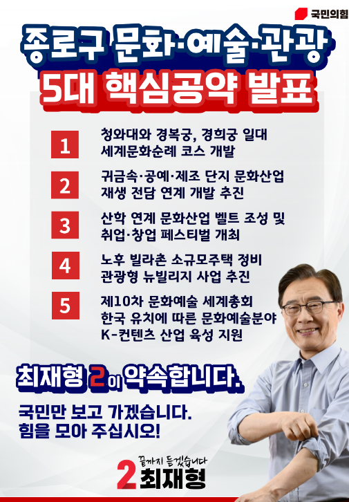 최재형 국민의힘 서울 종로 국회의원 후보, 종로발전 문화·예술·관광 분야 5대 핵심 공약 발표