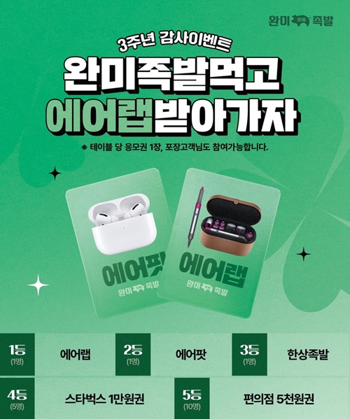 완미족발 3주년 감사이벤트 진행