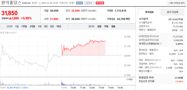 원익홀딩스, 11월 10일 장중 31,850원 5.99% 상승 거래