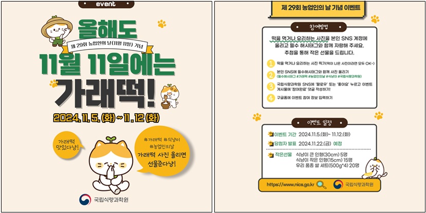 11월 11일 쫄깃한 가래떡 데이! 굿즈‧쌀세트 증정 온라인 이벤트