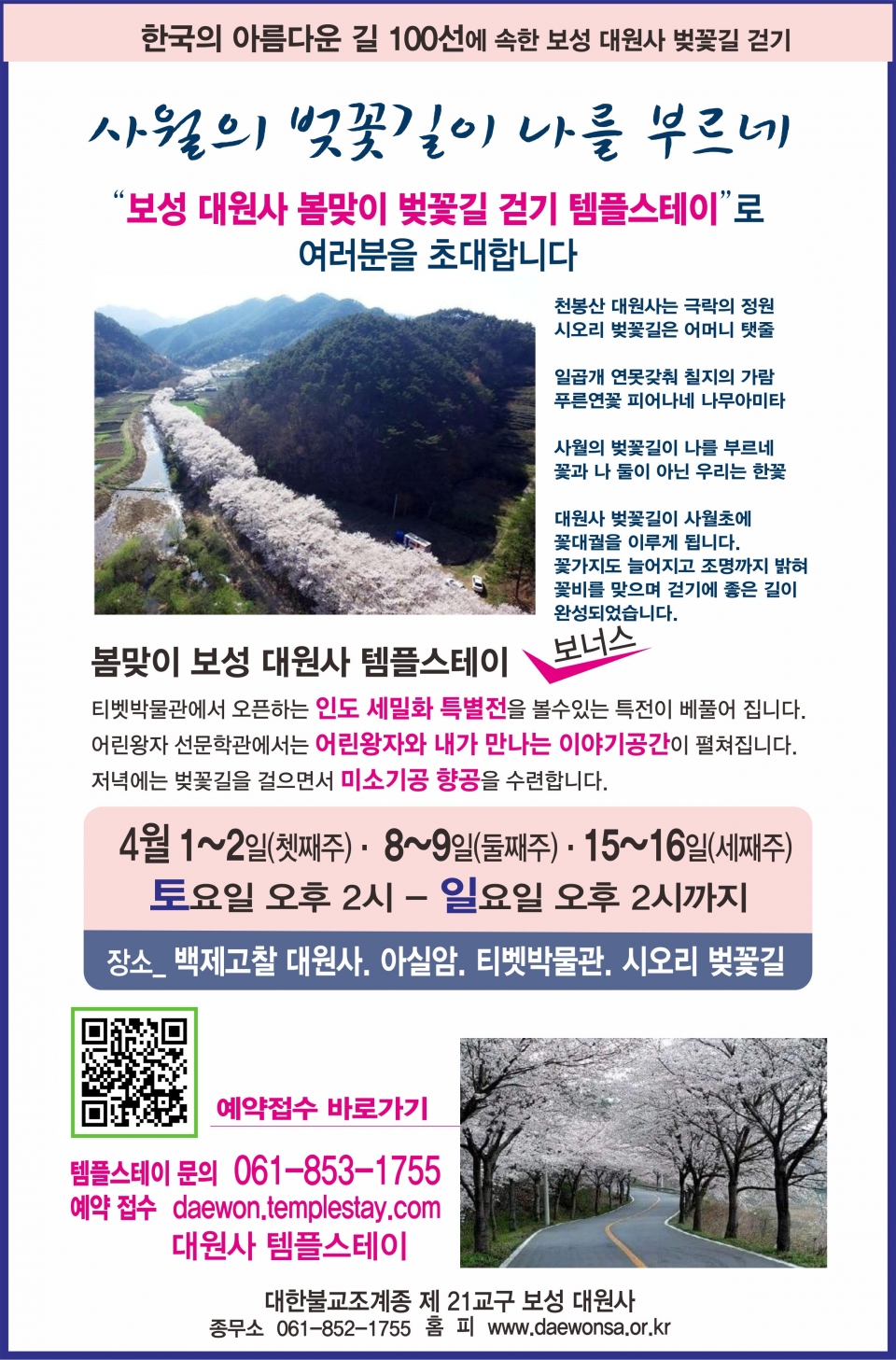 보성 대원사 봄맞이 벚꽃길 걷기 템플스테이