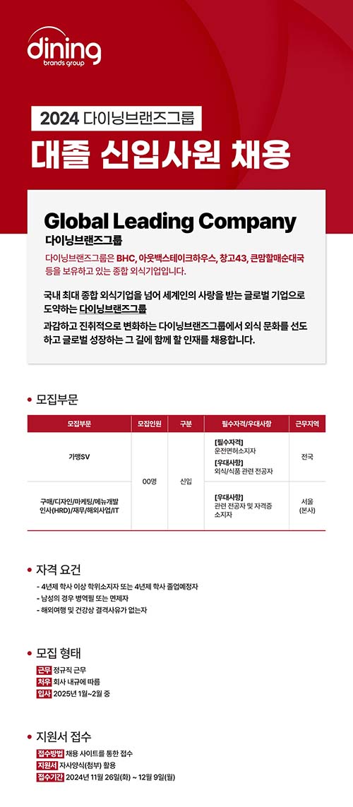 다이닝브랜즈그룹, 2024년 대졸 신입사원 공개 채