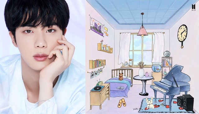 방탄소년단 진, 강아지-피아노로 아미의 방 완성