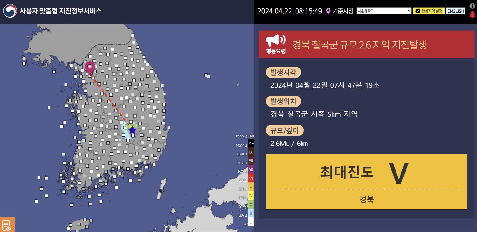 성주서 규모 2.6 지진 발생 관련자료 2
