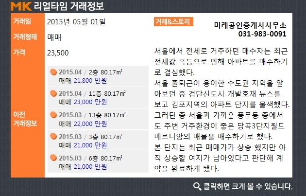 [리얼타임 아파트]김포 풍무동 당곡3단지월드메르디앙아파트, 실거래가 2억 3,500만원 매매 완료