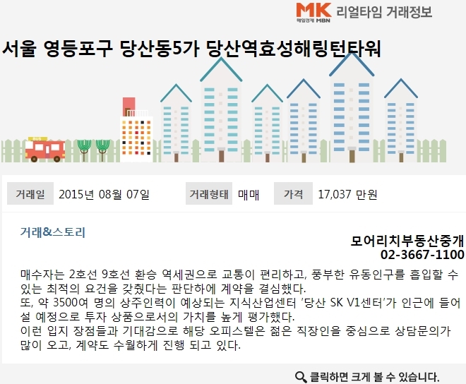 [실시간 거래현황]공실 우려 적은 ′당산역효성해링턴타워′, 실거래가 1.7억원 매매 완료