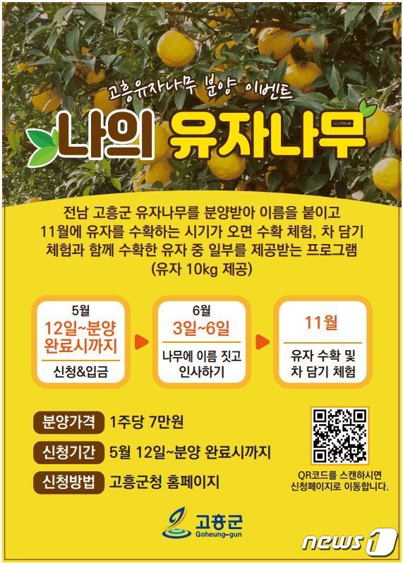 고흥군, '나의 유자나무 분양 이벤트' 연장…'분양 완료시'까지