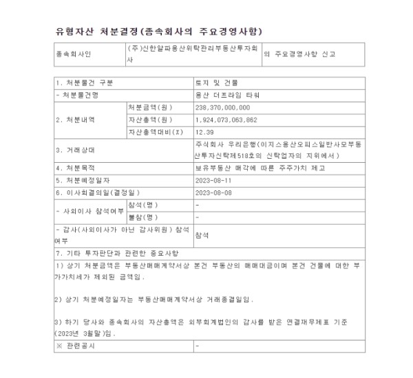 [공다방] 신한알파리츠, 첫 자산 처분 결정…예상 특별배당 규모는?