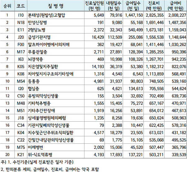 고혈압 병원비: 본태성고혈압 진료비 1위…외래다빈도 상병은 감기