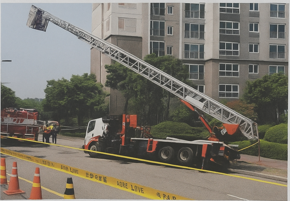 오산서 아파트 외벽 작업 사다리차 전도사고…인명 피해 없어