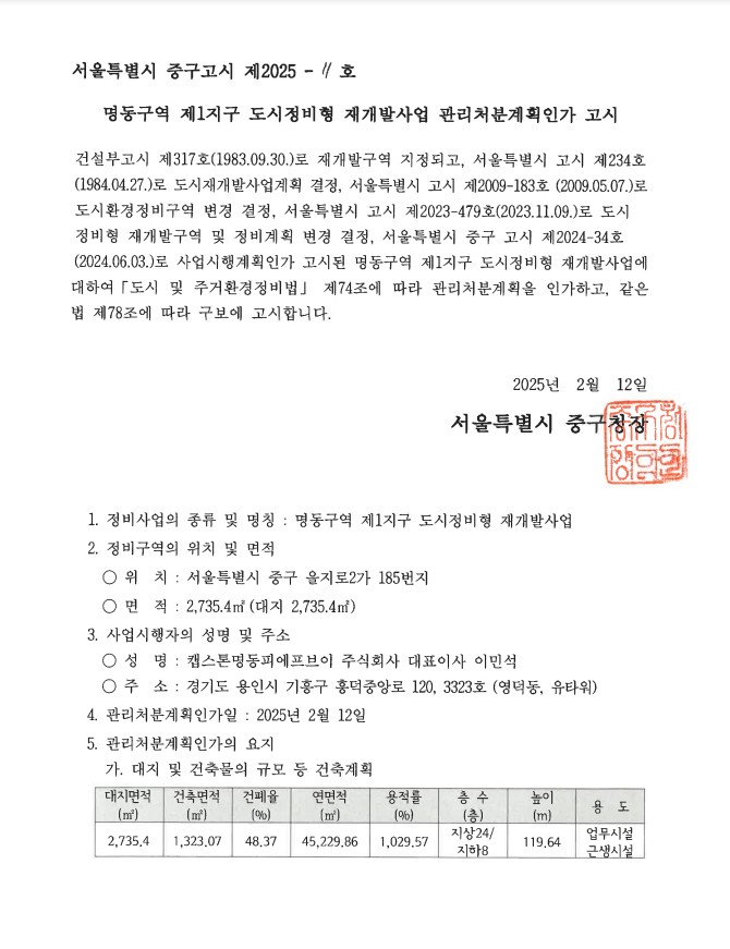 명동구역 제1지구, 재개발 관리처분인가